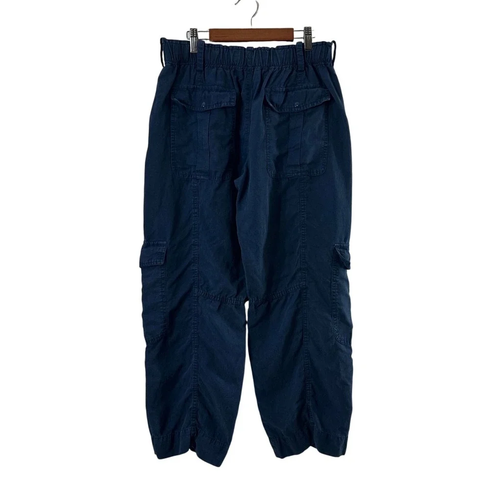 Zara Navy Blue Linen Blend Cargo Utility Pants High Rise Paperbag Waist Size M
